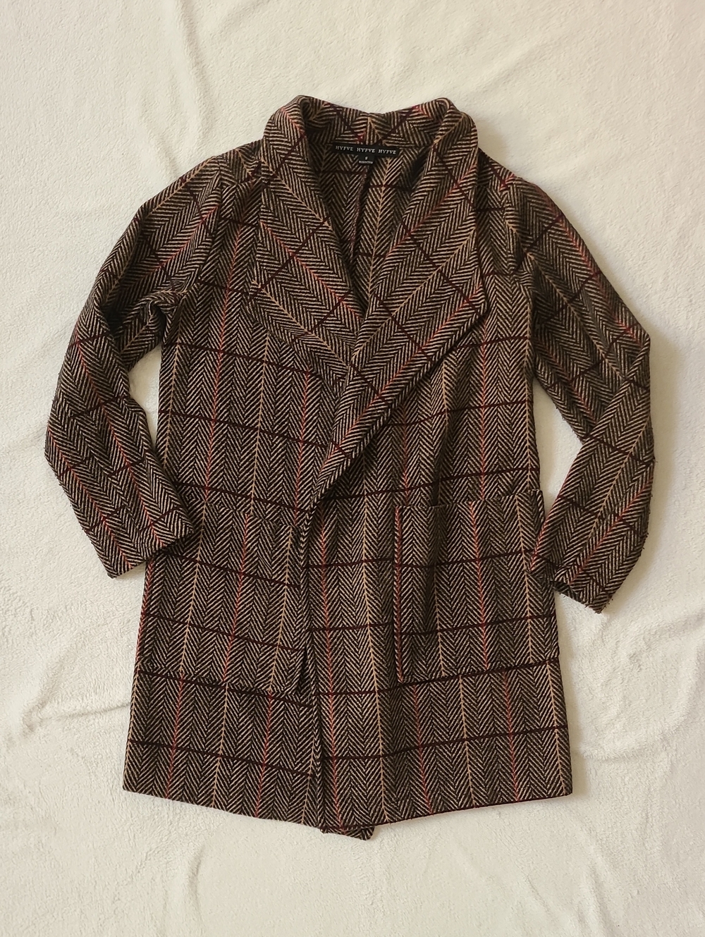 HYFVE Brown Herringbone Plaid Shawl Collar Trench Coat Jacket Open Front Small
